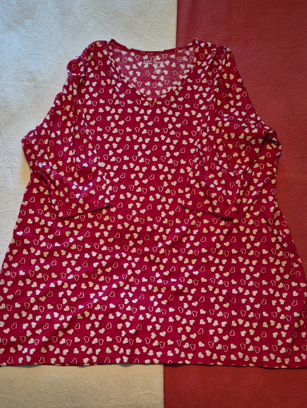 Ulla Popken Red Long-Sleeve V-Neck Top with White Heart Print